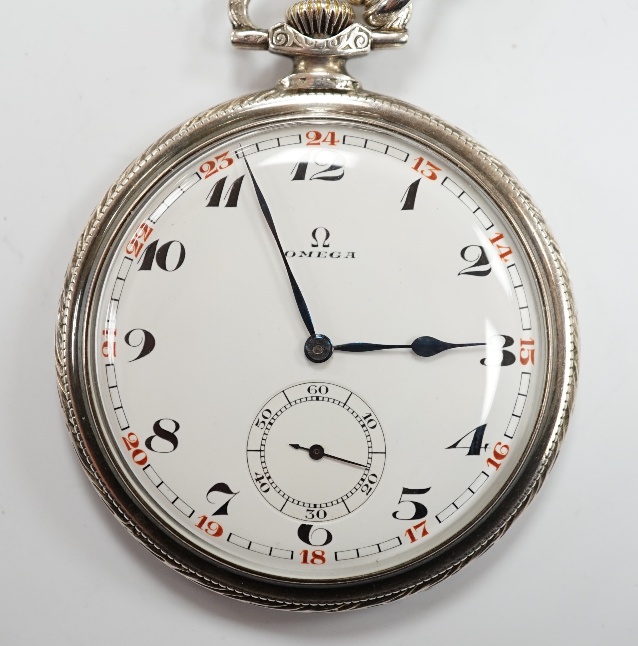 A German 900 standard cased Omega keyless open face dress pocket watch, with Arabic dial and subsidiary seconds, case diameter 48mm, together with an unmarked white metal albert.